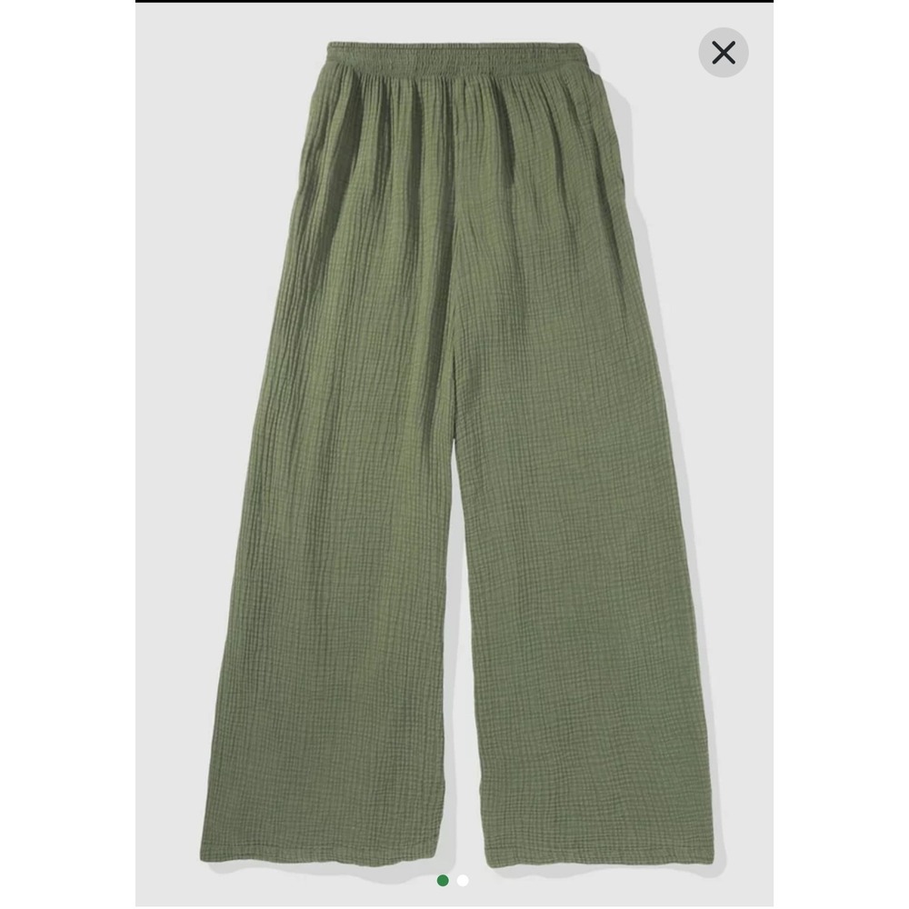 Aerie Gauzy High Waisted Pant Olive Green Wide Leg Cotton Smocked Small